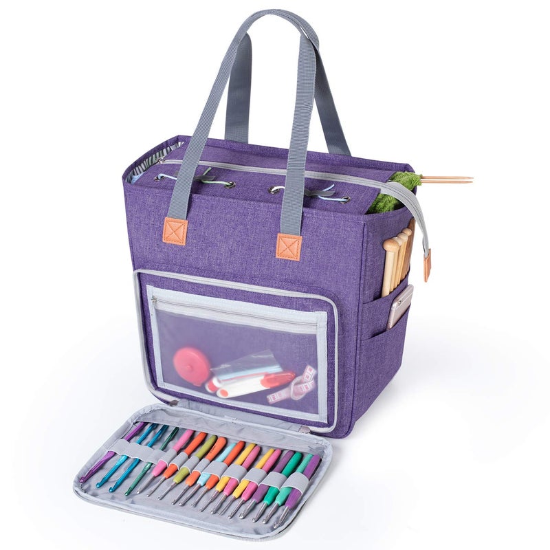 Luxja Knitting Tote Bag, Yarn Storage Bag for Carrying Projects, Knitting Needles, Crochet Hooks and Other Accessories, Purple - Image 1